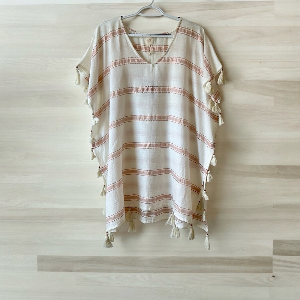 Surf Gypsy Tassels Off-white Rose Gold Striped Boho Coverups Swim Oversized Sz S